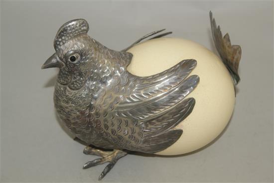 Gabriella Binazzi, Italian. An ostrich egg and silver plated chicken, 6.5in.